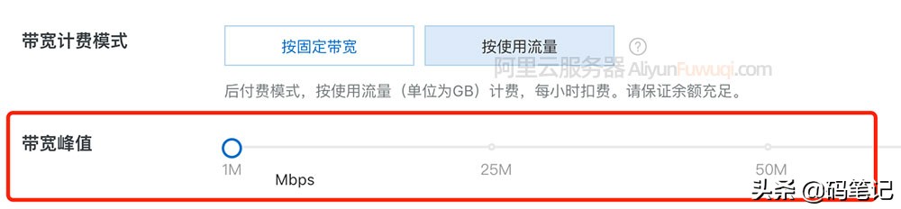 阿里云服务器收费价格表（阿里云服务器带宽峰值按使用流量计费1M和100M区别）