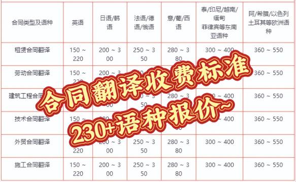 语种翻译价格表（合同翻译收费标准）